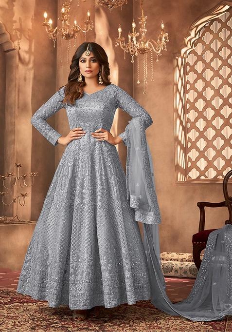 Grey Embroidered Net Anarkali Kurta Set