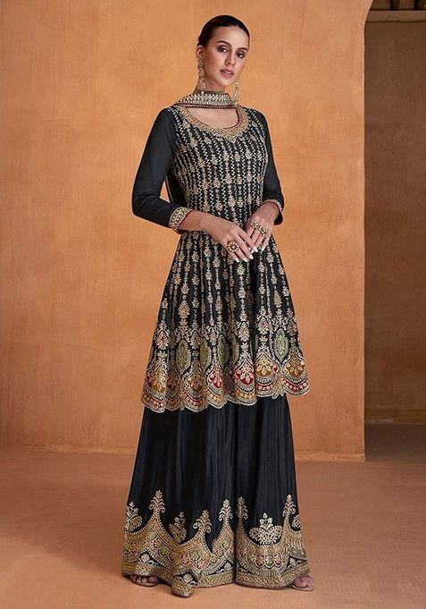 Black Zari Embroidered Satin Kurta Set