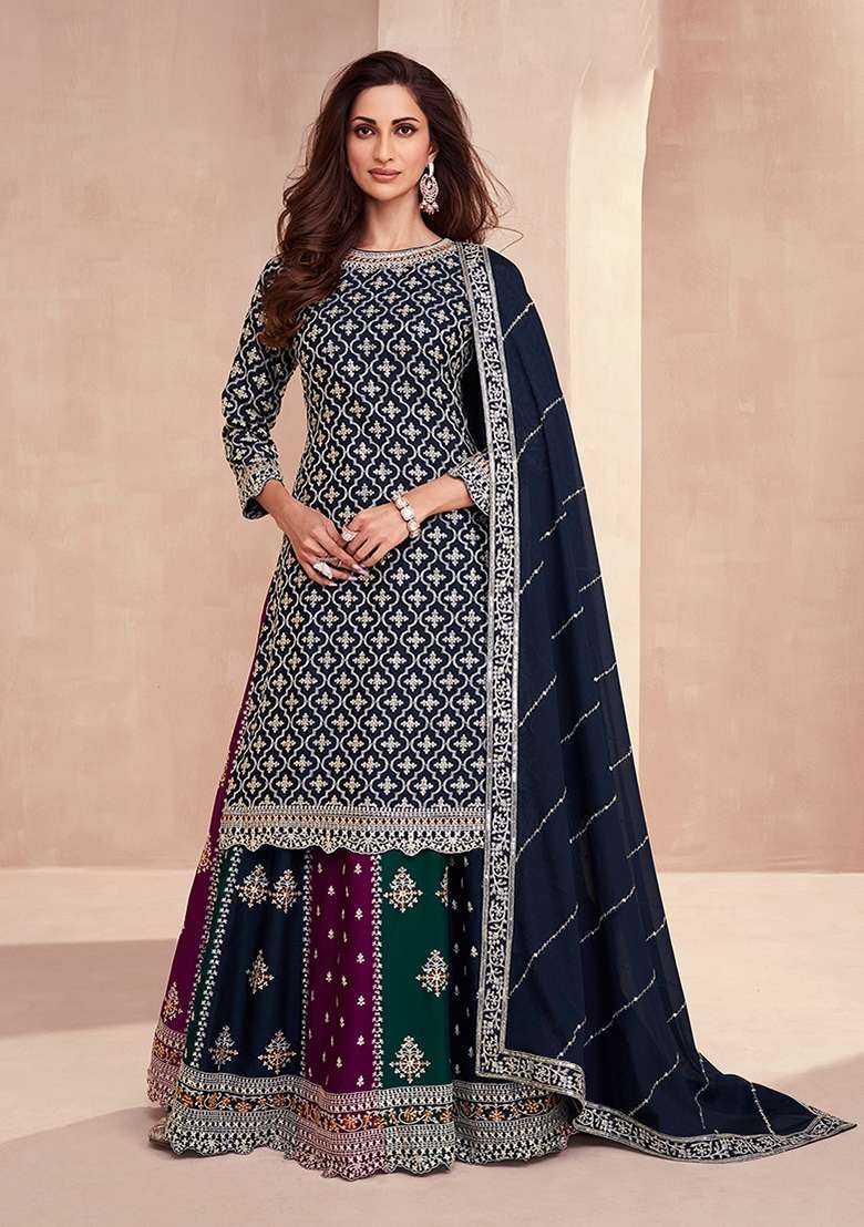 Dark Navy Blue Embroidered Silk Kurta Set - Indya