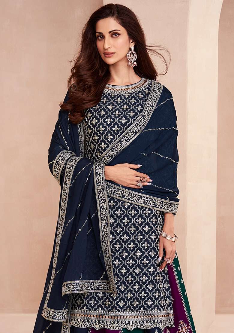Dark Navy Blue Embroidered Silk Kurta Set - Indya