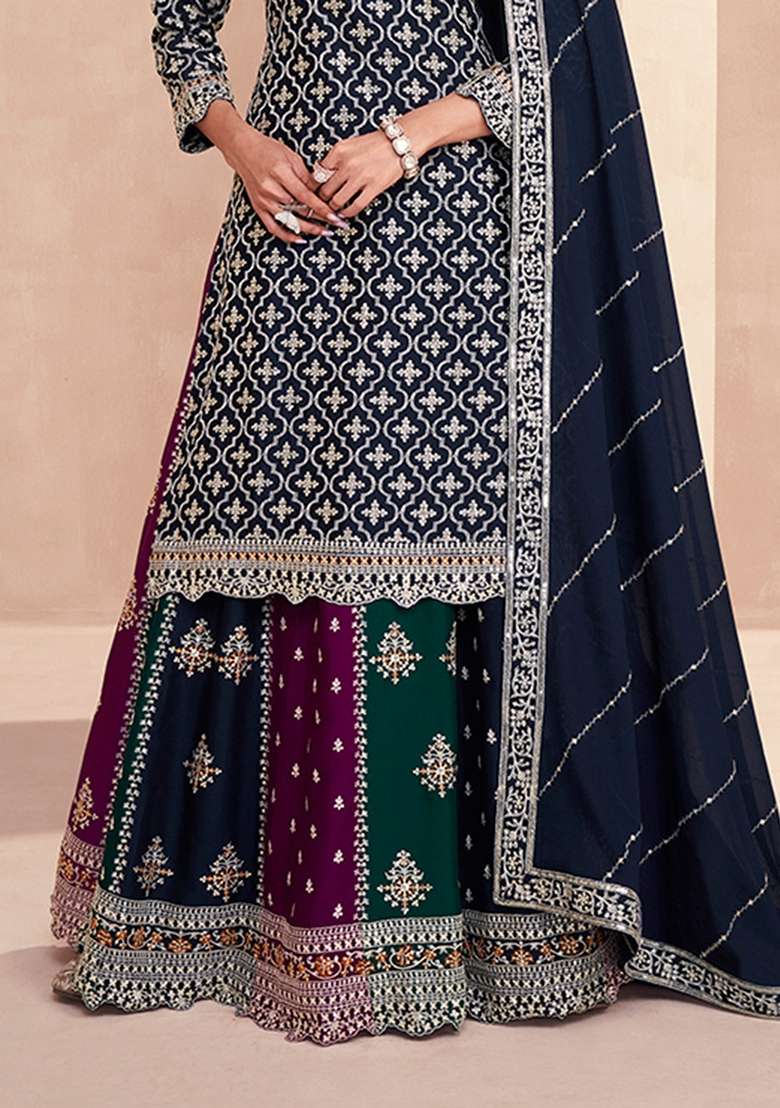 Dark Navy Blue Embroidered Silk Kurta Set - Indya