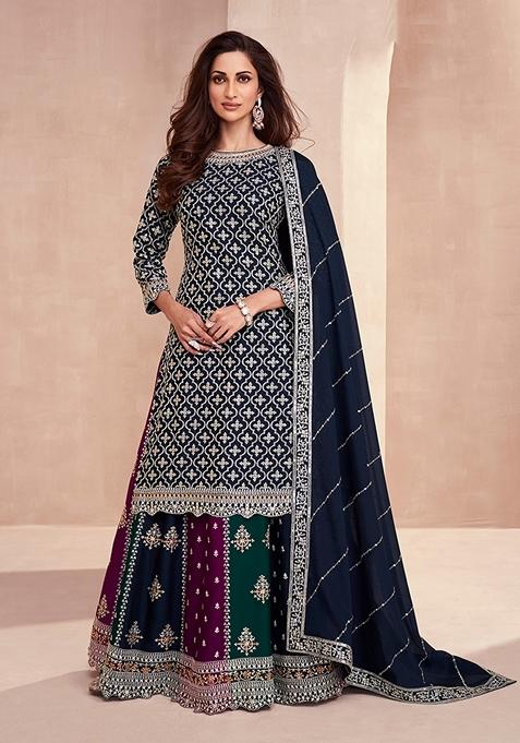 Dark Navy Blue Embroidered Silk Kurta Set