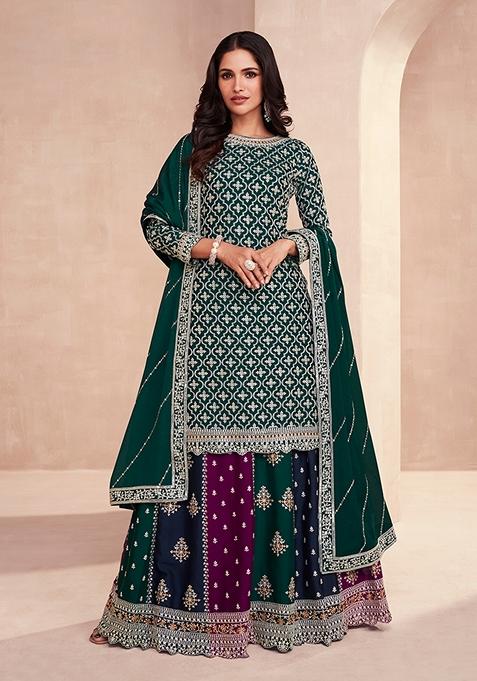 Dark Green Embroidered Silk Kurta Set