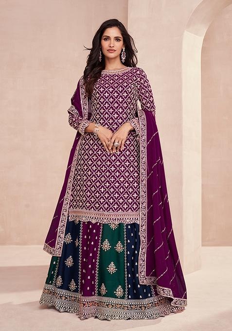 Dark Purple Embroidered Silk Kurta Set