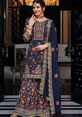 Navy Blue Embroidered Silk Kurta Set