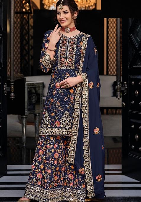 Navy Blue Embroidered Silk Kurta Set