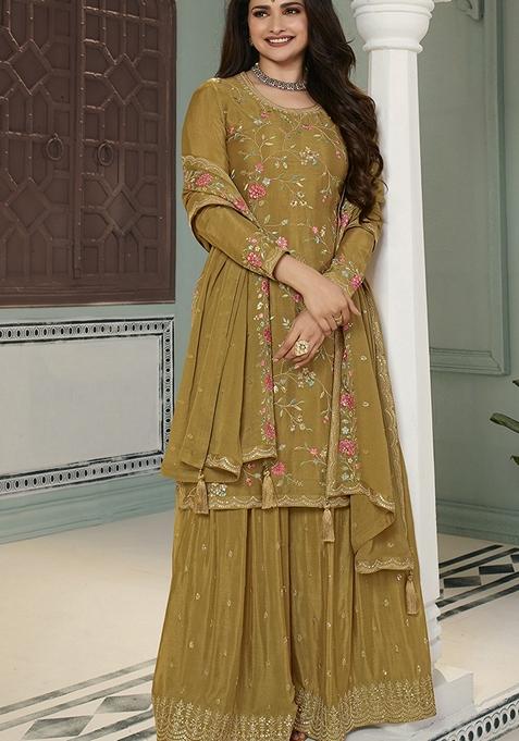 Dark Mustard Embroidered Silk Anarkali Kurta Set