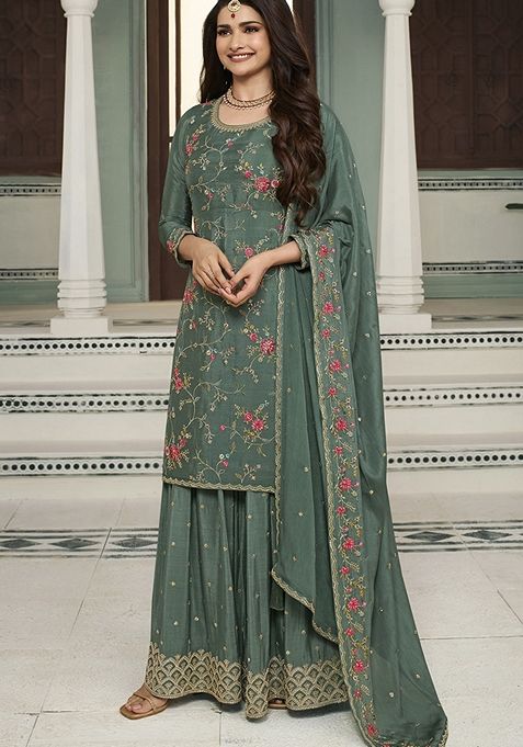 Dark Olive Embroidered Silk Anarkali Kurta Set