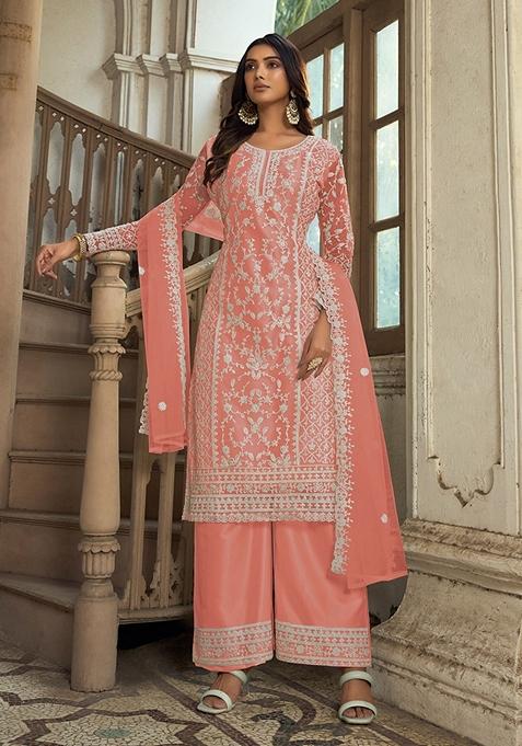 Peach Embroidered Net Kurta Set