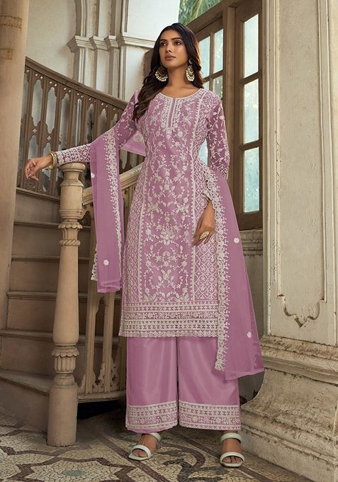 Lilac Embroidered Net Kurta Set