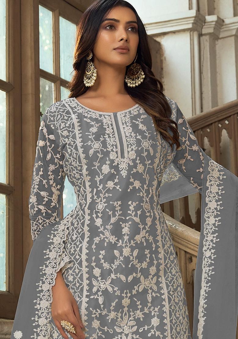 Grey Embroidered Net Kurta Set