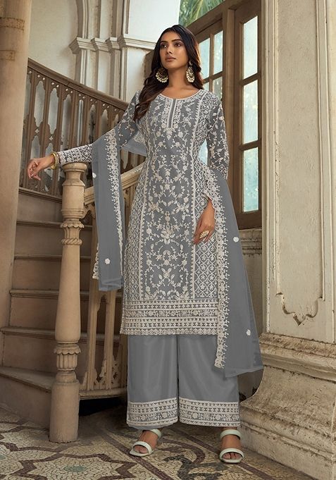 Grey Embroidered Net Kurta Set