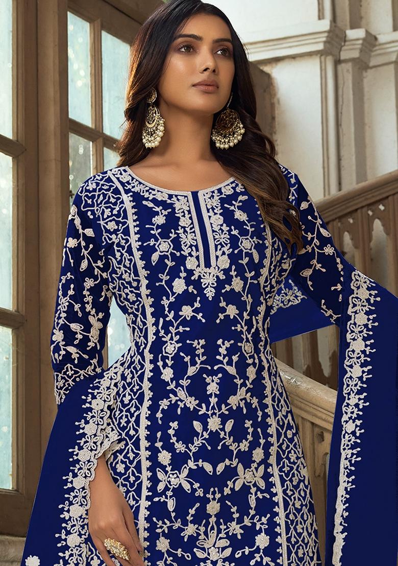Navy Blue Embroidered Net Kurta Set
