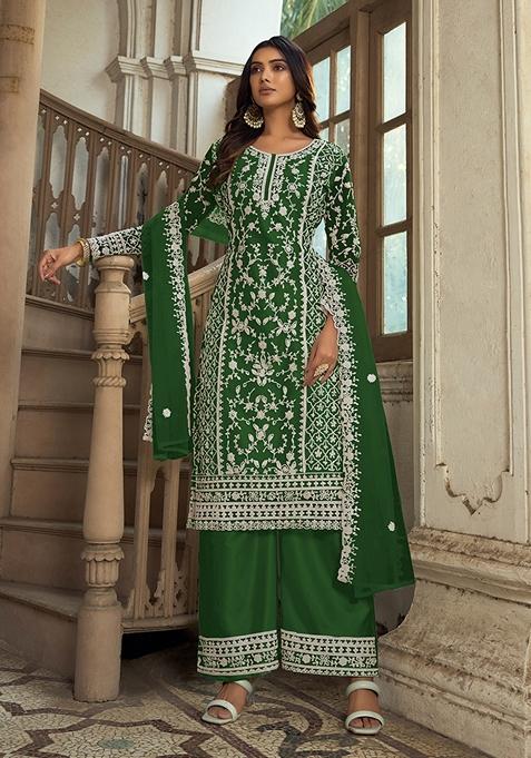 Mehendi Green Embroidered Net Kurta Set