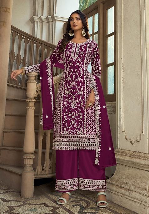 Purple Embroidered Net Kurta Set