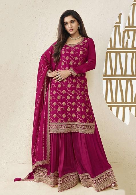 Dark Magenta Embroidered Jacquard Kurta Set