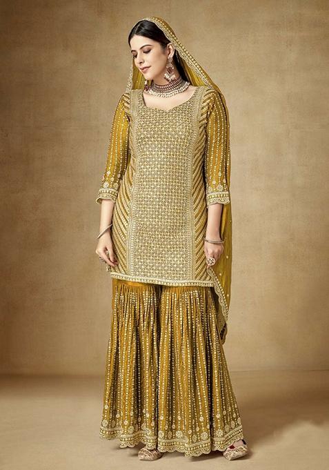 Mustard Embroidered Silk Kurta Set