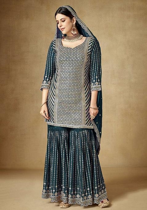 Dark Green Embroidered Silk Kurta Set