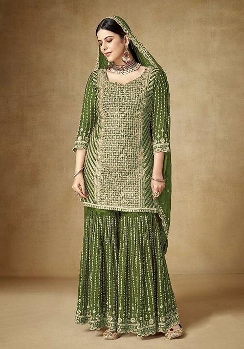 Mehendi Green Embroidered Silk Kurta Set