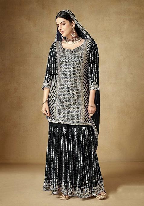 Black Embroidered Silk Kurta Set