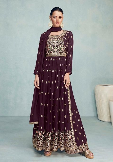 Chocolate Embroidered Georgette Kurta Set