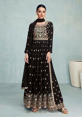 Women Black Geogrette Foil Printed Straight Kurta Set With Palazo & Sequence Dupatta