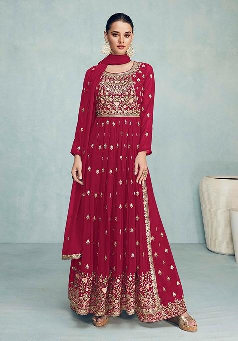 Maroon Embroidered Georgette Kurta Set