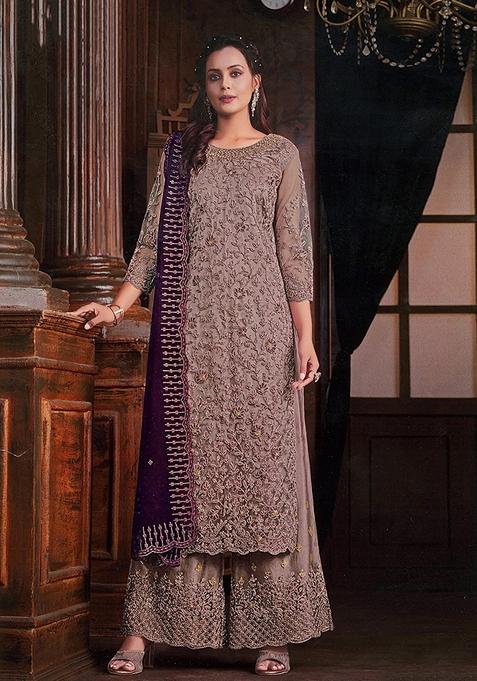 Beige Embroidered Net Kurta Set