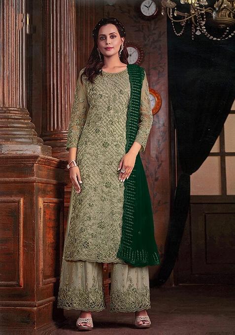 Light Grey Embroidered Net Kurta Set