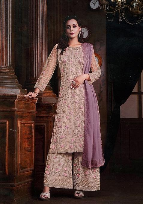 Beige Embroidered Net Kurta Set