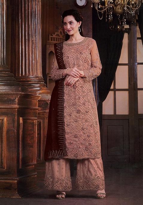 Dark Peach Embroidered Net Kurta Set