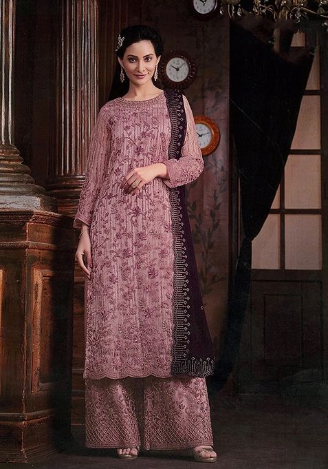 Mauve Embroidered Net Kurta Set