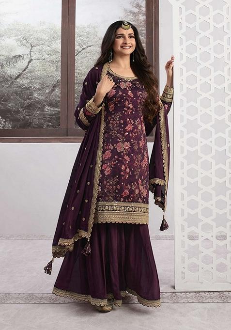 Dark Purple Printed Silk Kurta Set