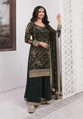 Dark Green Printed Silk Kurta Set