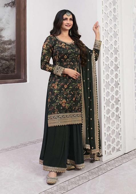 Dark Green Printed Silk Kurta Set