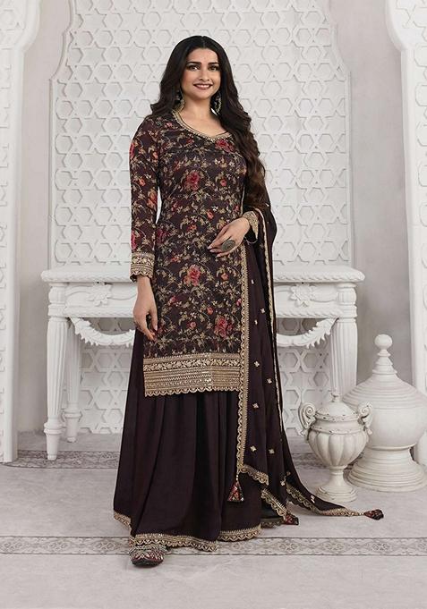 Chocolate Printed Silk Kurta Set