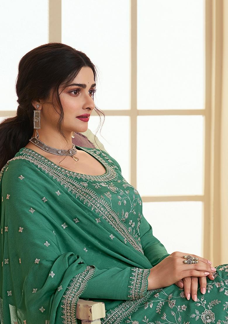 Light Green Embroidered Silk Kurta Set - Indya