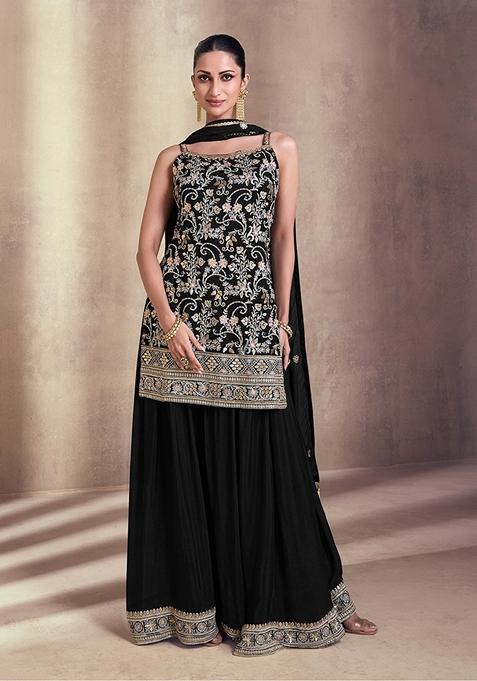 Black Embroidered Faux Georgette Kurta Set