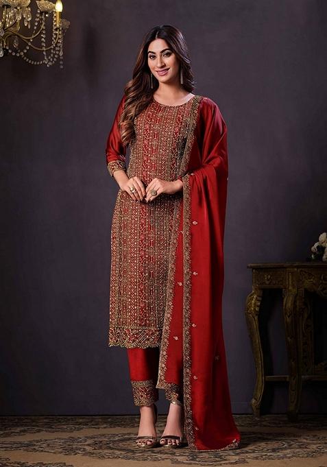 Maroon Embroidered Silk Kurta Set