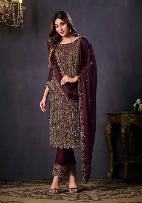 Dark Brown Embroidered Silk Kurta Set