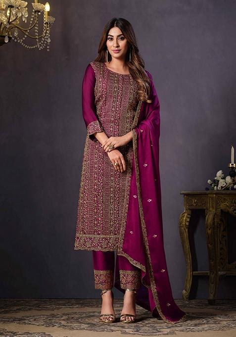 Purple Embroidered Silk Kurta Set