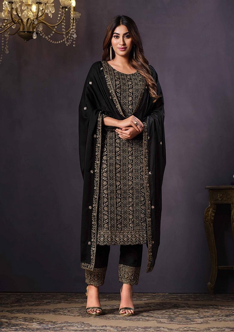 Black Embroidered Silk Kurta Set - Indya