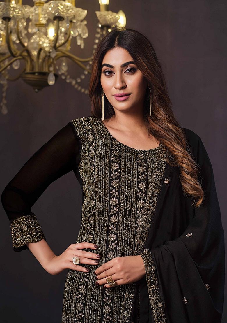 Black Embroidered Silk Kurta Set - Indya