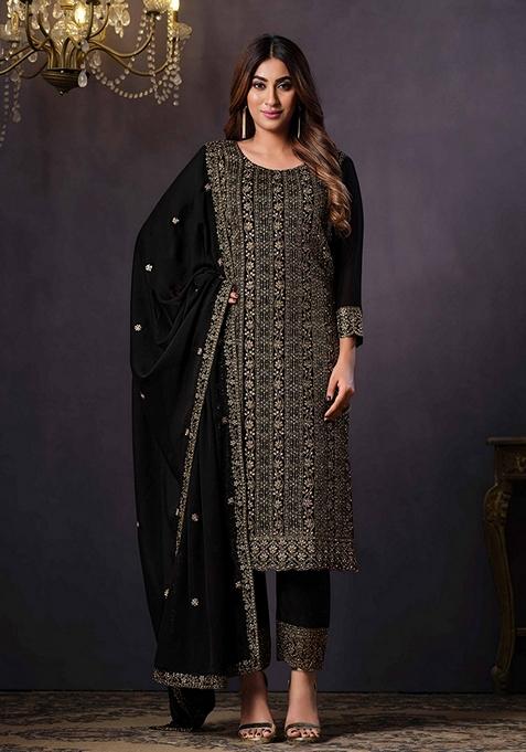 Black Embroidered Silk Kurta Set