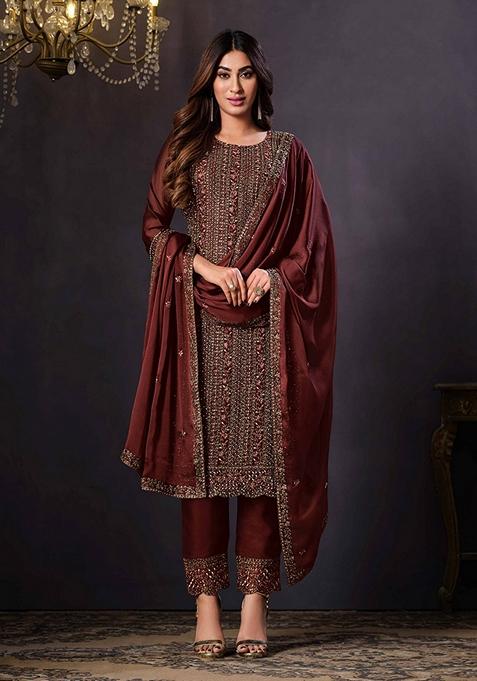 Chocolate Embroidered Silk Kurta Set