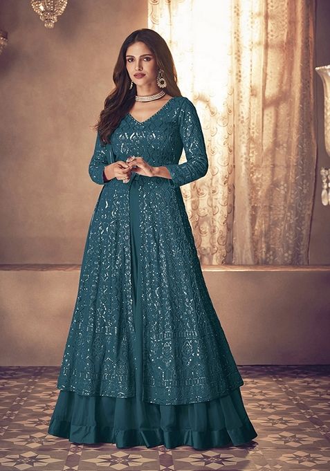 Dark Teal Blue Embroidered Faux Georgette Kurta Set