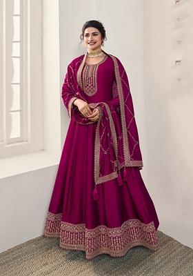 Dark Magenta Embroidered Silk Anarkali Gown Set