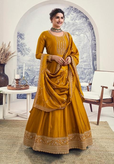 Mustard Embroidered Silk Anarkali Gown Set