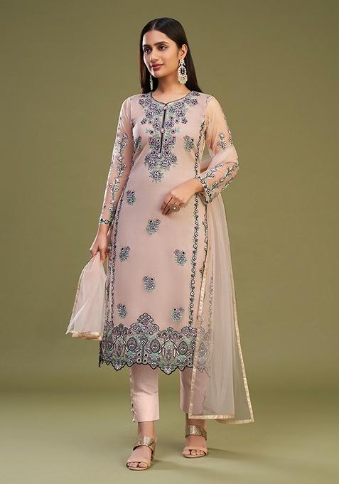 Light Peach Embroidered Net Kurta Set