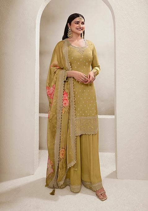 Mustard Embroidered Silk Kurta Set